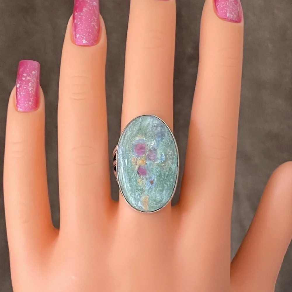 Size 8 Ruby in Fuchsite 925 Sterling Silver Oval Ring